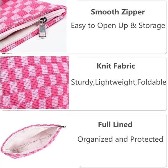 Women Large Cosmetic Bag Set with Makeup Brush Bag Checkered Cosmetic Pouch Pink - Picture 5 of 5